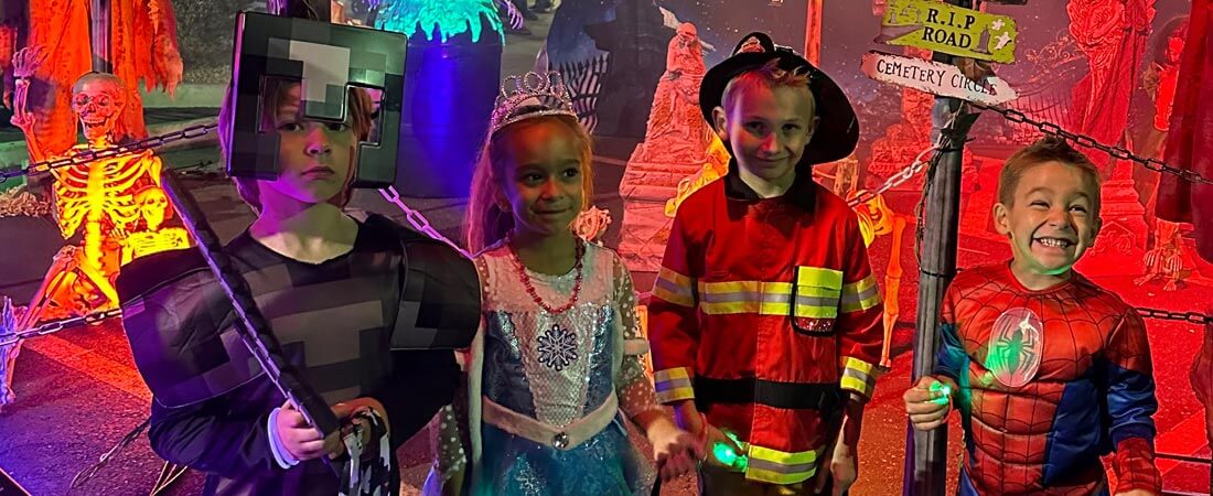 A group of young kids dressed in halloween costumes at Park west Boo Bash event 2023